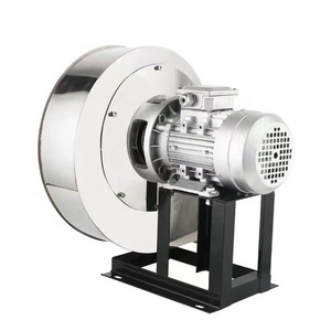 Ventilateur centrifuge industriel avec moteur électrique monté sur un support métallique noir.