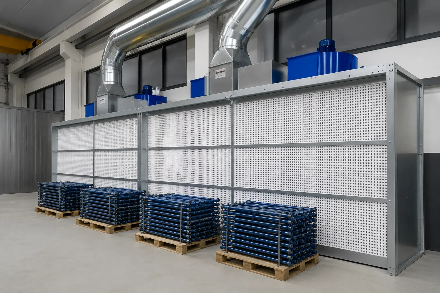 Mur d'aspiration industriel avec filtres et pièces métalliques bleues empilées sur palettes en atelier
