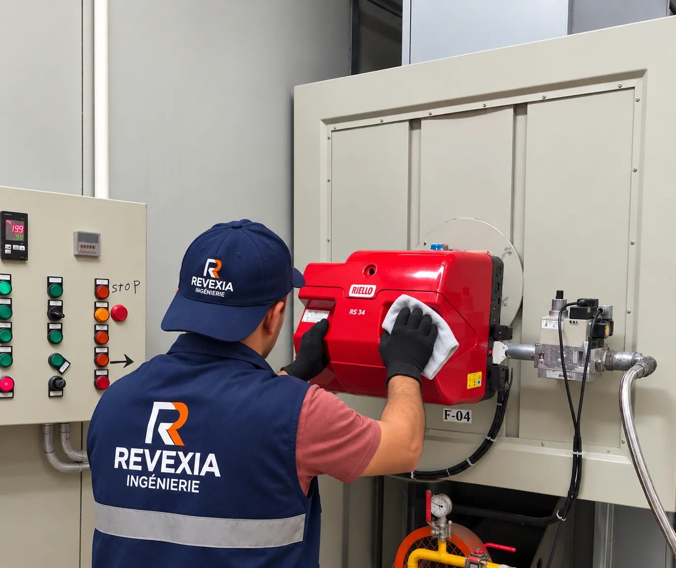 Technicien REVEXIA réalisant une intervention sur un brûleur industriel