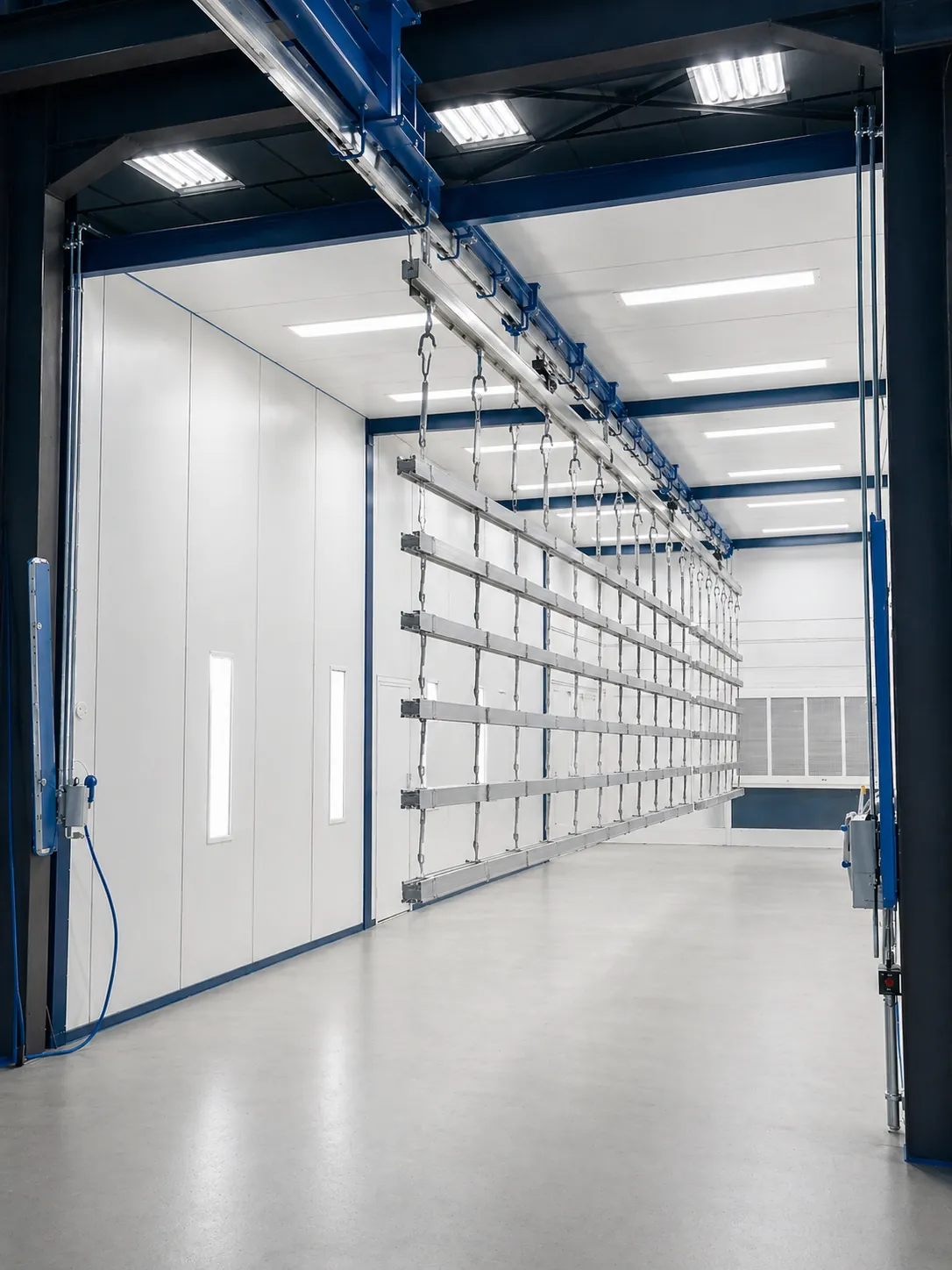 Convoyeur aérien industriel transportant des profilés métalliques dans une cabine de thermolaquage lumineuse.