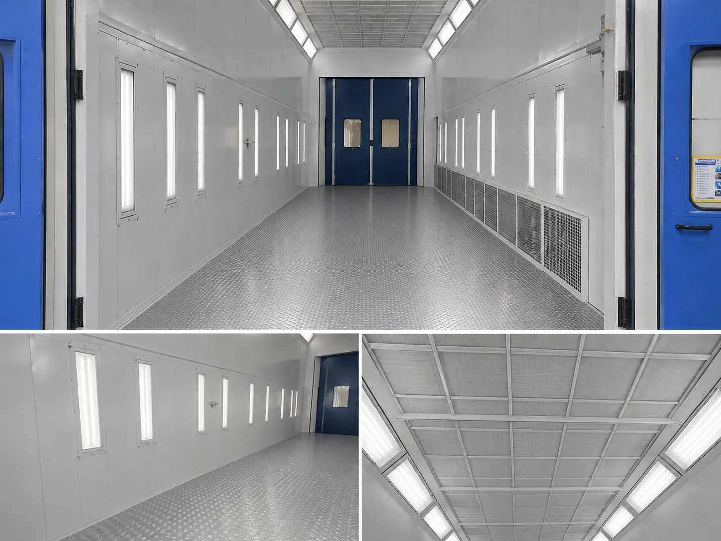 Intérieur d’une cabine de peinture éclairée avec plancher caillebotis et plafond filtrant