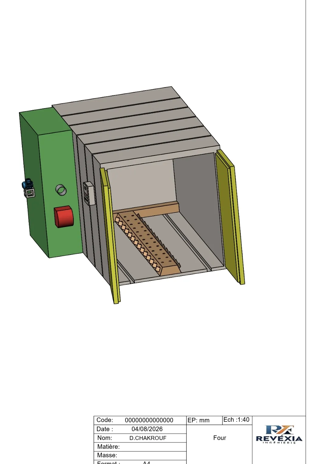 Plan 3D REVEXIA d’un four statique avec caisson technique et supports de pièces
