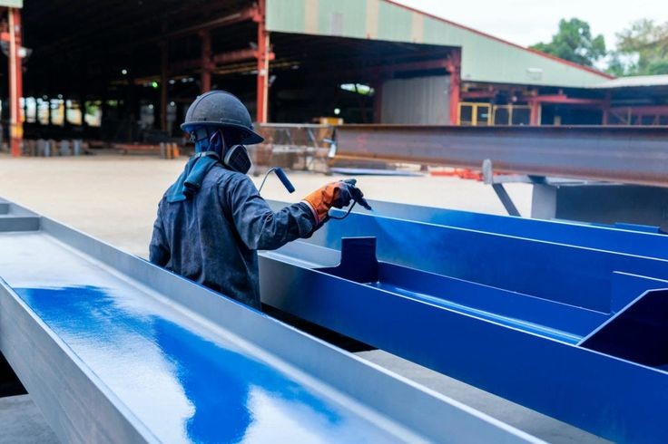 Application de peinture liquide bleue sur des poutres métalliques