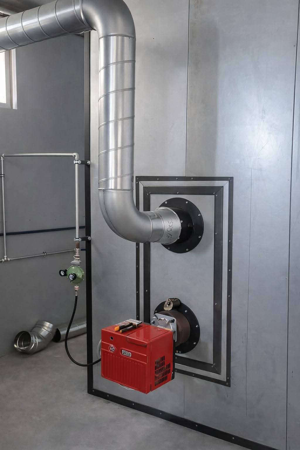 Brûleur gaz raccordé au caisson de chauffe d’un four industriel REVEXIA