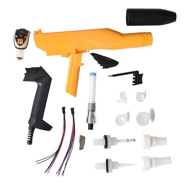 Vue éclatée des pièces détachées et accessoires d'un pistolet de poudrage électrostatique pour thermolaquage.